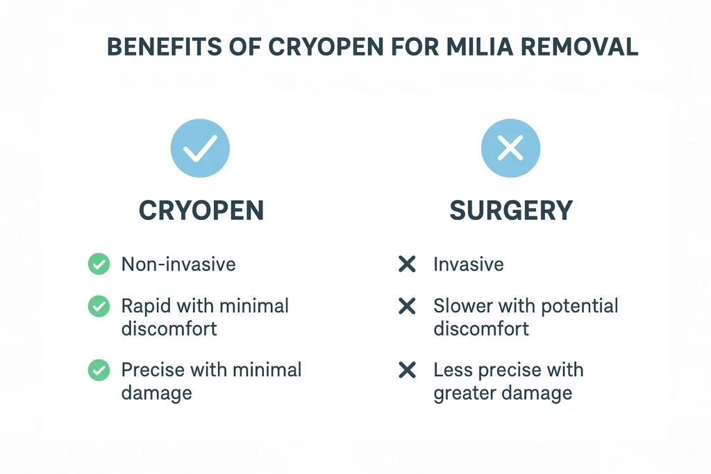 Benefits of cryopen for milia removal Derbyshire compared to surgical treatments.