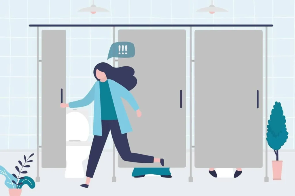 graphic of Urine incontinence Derbyshire woman running to the toilet.