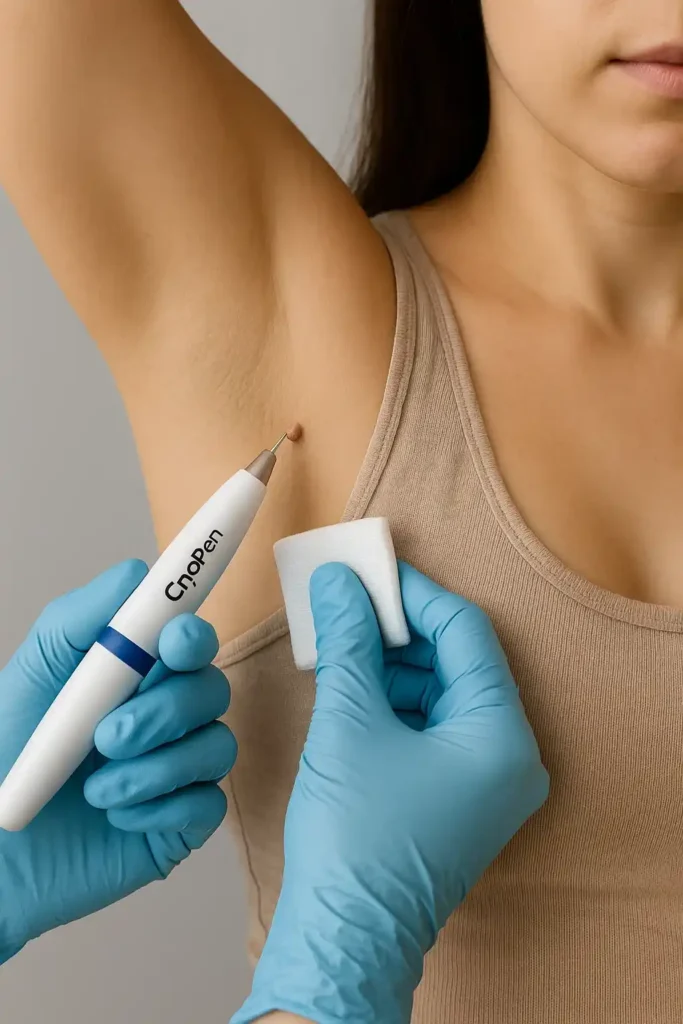 woman having cryopen to remove underarm skin tags Derbyshire