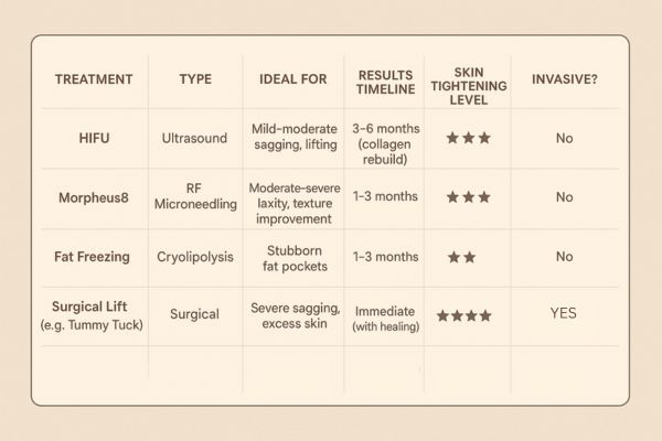 Table showing the comparisons of Skin tightening Derbyshire treatment options. 